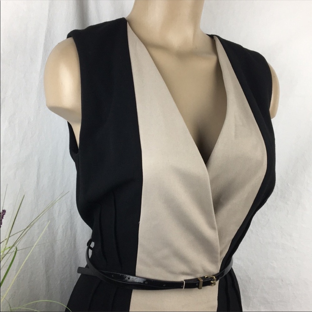 CK Calvin Klein Colorblock Black & Tan Sheath Belted Dress 8